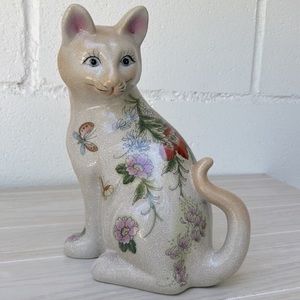 Vintage 🌸 Floral Ceramic Crackle Glaze 10” Sitting Kitty Cat Figurine Sculpture